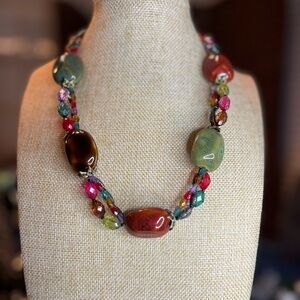 Jasper, Tigers Eye, and Carnelian Stone and glass bead necklace